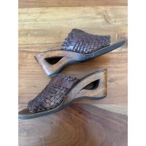 Vtg 70s Y2K Wood Leather Woven Clog Mule Slide‎ Sandal Cutout Heel Hippie Boho 8
